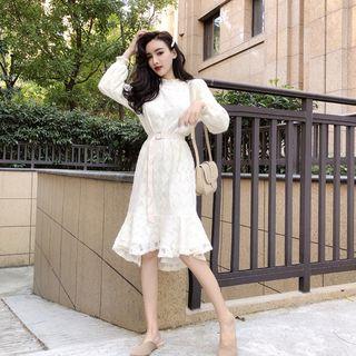 Long-sleeve Ruffle-hem A-line Lace Dress