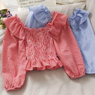 Checker Ruffled-trim Smocked Crop Top In 5 Colors