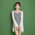Set: Spaghetti Strap Houndstooth Swimsuit + Cover-up Jacket