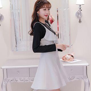 Set: Long-sleeved Top + Ruffled-trim Sleeveless Dress