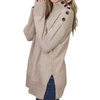 Plain Mock-neck Long-sleeve Side-slit Sweater