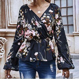 Floral Print V-neck Tie-waist Top