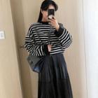 Striped Sweatshirt / Faux Leather Midi A-line Skirt