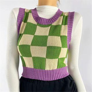 Check Sweater Vest Purple - One Size