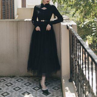 Long-sleeve Mandarin Collar A-line Mesh Dress