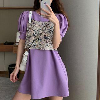 Set: Balloon-sleeve A-line Dress + Floral Print Bow Camisole Top