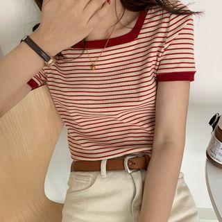 Contrast Trim Square-neck Short-sleeve Striped Cropped T-shirt