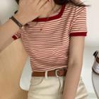 Contrast Trim Square-neck Short-sleeve Striped Cropped T-shirt