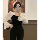 Bell-sleeve Lace Panel Blouse Black & Off-white - One Size