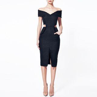 Slit-side Fringed Sheath Dress