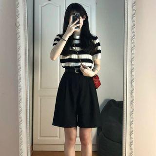 Set: Short Sleeve Striped Top + High Waist Belted Shorts