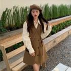 Mock Two-piece Long-sleeve Tie-waist A-line Shirtdress