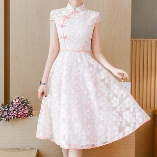 Mandarin Collar Cap-sleeve A-line Lace Dress