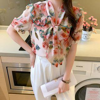Short-sleeve Tie Neck Floral Print Blouse