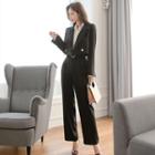 Cropped Blazer / High Waist Wide-leg Pants / Plain Shirt / Set