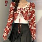 Long Sleeve V-neck Mock Two Piece Floral Print Top