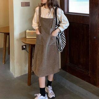 Set: Puff-sleeve Top + Overall Dress
