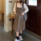 Set: Puff-sleeve Top + Overall Dress