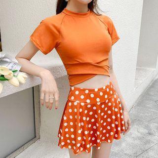 Set: Short-sleeve Swim Top + Dot Print Skirt