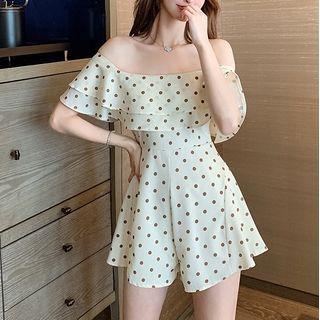 Elbow-sleeve Off-shoulder Dotted Romper