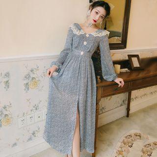 Lace Trim Collar Long-sleeve Floral Midi A-line Dress