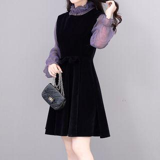 Set: Sheer Long-sleeve Top + Sleeveless A-line Dress
