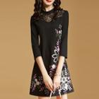Lace Panel Embroidered 3/4 Sleeve Dress