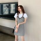 Mock Two Piece Plaid Sleeveless Dress Dress - One Size