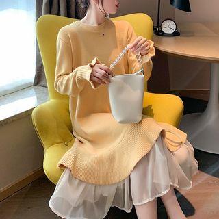 Mesh Panel Flared-cuff Sweater Dress