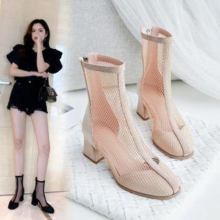 Fishnet Panel Chunky-heel Short Boots