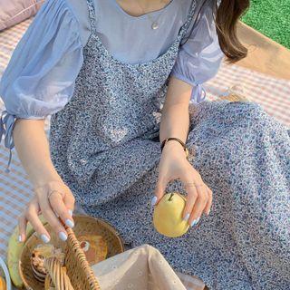 Short-sleeve Plain Top / Floral Print Sleeveless Dress