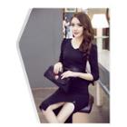 V-neck 3/4-sleeve Slit Midi Sheath Dress