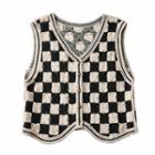 Check Single-breasted Sweater Vest Plaid - Black & White - One Size