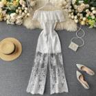 Off-shoulder Ruffled Lace Jumpsuit White - One Size