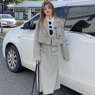 Plain Cropped Blazer / Ruffle Trim Tie-accent Shirt / Midi Skirt