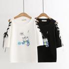 Elbow-sleeve Lace-up Cat Print T-shirt