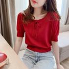 Short-sleeve Tie-neck Knit Top Red - One Size