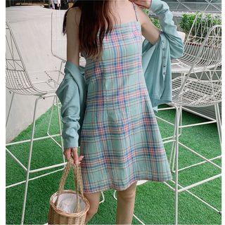 Plaid Spaghetti Strap Dress / Knit Jacket