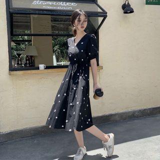 Puff-sleeve Floral Embroidery A-line Dress