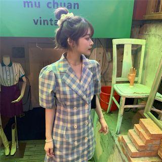 Short-sleeve Double Breasted Plaid Mini A-line Dress As Shown In Figure - One Size