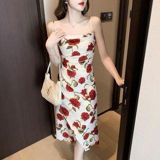 Spaghetti-strap Square Neck Rose Printed Ruched Slit Midi Dress