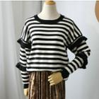 Long-sleeve Frill-trim Striped Knit Top