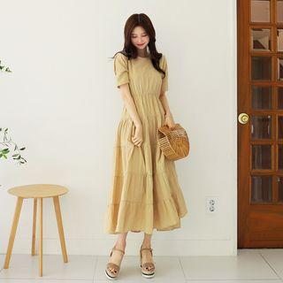Round-neck Shirred Maxi Tiered Dress