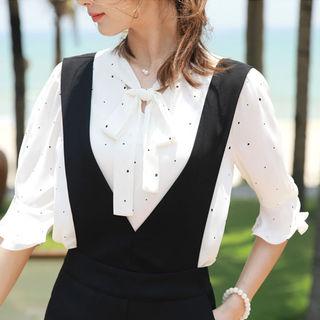 Tie-neck Flare-cuff Dotted Blouse