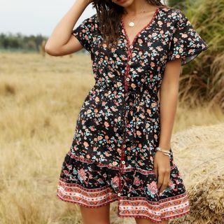 Floral Print V-neck Button Dress