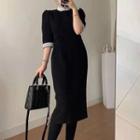 Elbow-sleeve Lace Trim Beaded Midi Sheath Dress Black - One Size