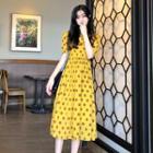 Dotted Short-sleeve Midi A-line Dress Yellow - One Size