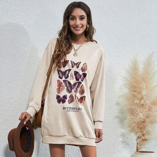 Long-sleeve Crew-neck Butterfly Print Sweatshirt