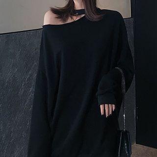 Plain Long-sleeve Loose-fit Halter Top Black - One Size