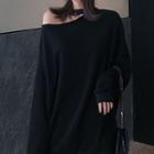 Plain Long-sleeve Loose-fit Halter Top Black - One Size